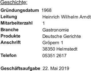 Gründungsdatum   1968 Leitung Mitarbeiterzahl Branche Produkte Anschrift Telefon Geschäftsaufgabe   22. Mai 2019 Heinrich Wilhelm Arndt 1 Gastronomie Deutsche Gerichte Gröpern 1 38350 Helmstedt 05351 2617 Geschichte: